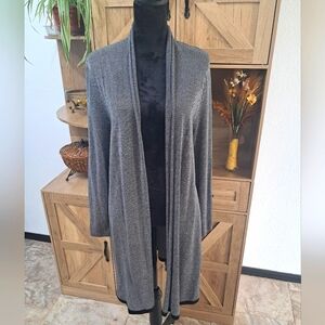 Eileen Fisher Long Cardigan Open Front Black White Knit Herringbone Pattern